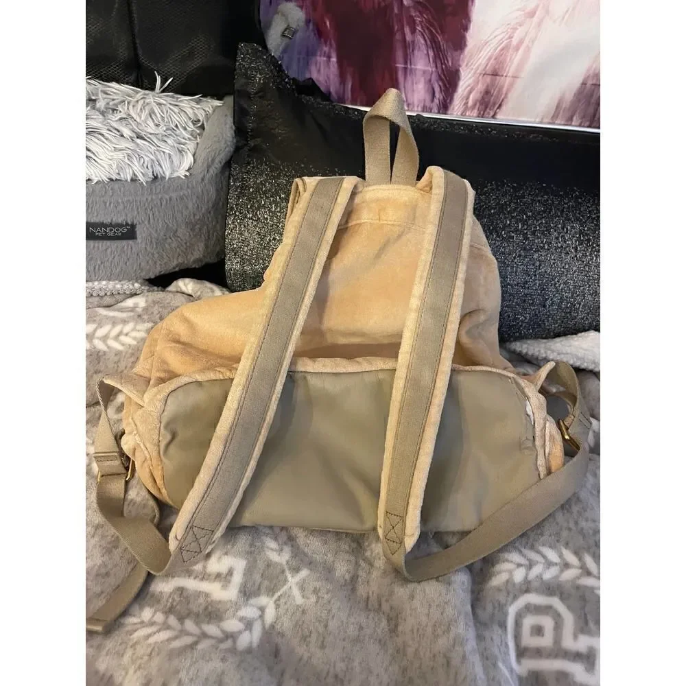 Cream/beige velvet/velour campus,school multi pocket cargo Backpack